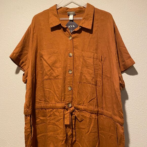 Ava & Viv Linen Brown Short Sleeve Jumpsuit 3X Belted Button Front Romper - Picture 3 of 5